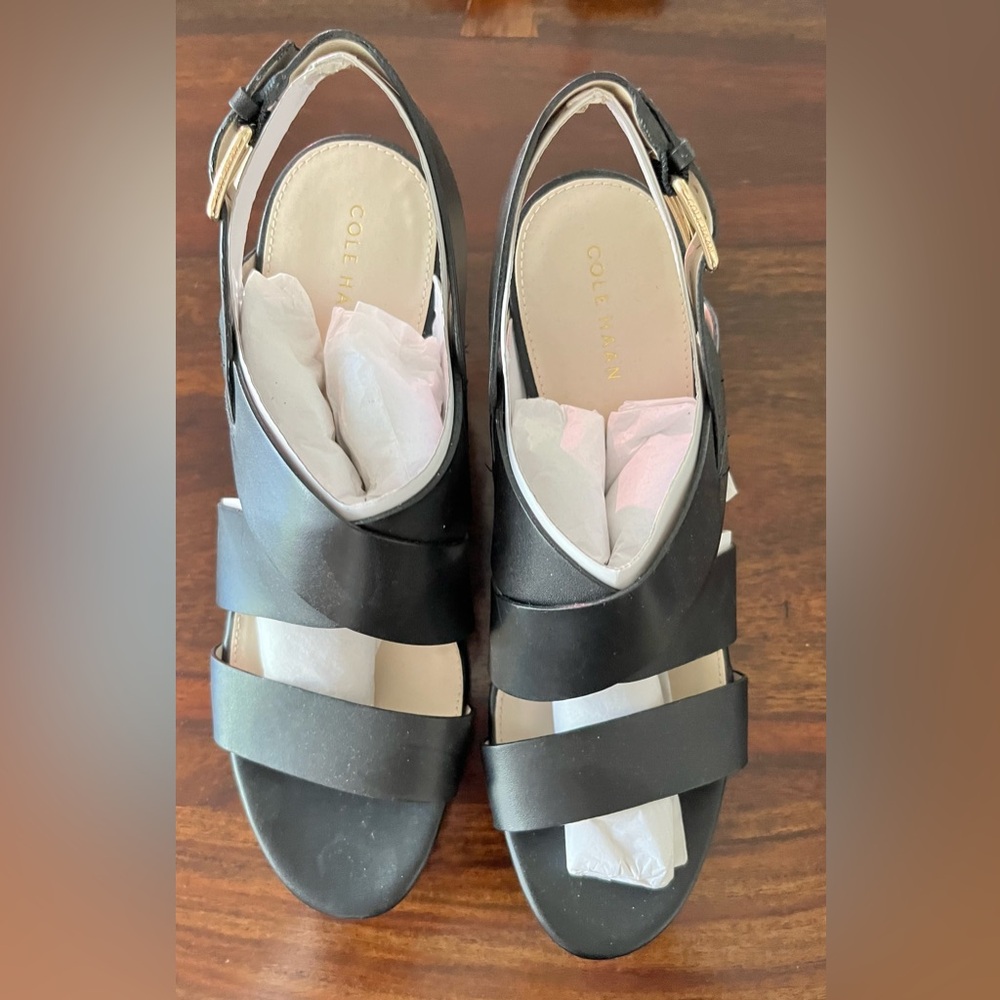 Cole Haan Black Leather Wedge Sandals • Size 9.5B • Never Worn